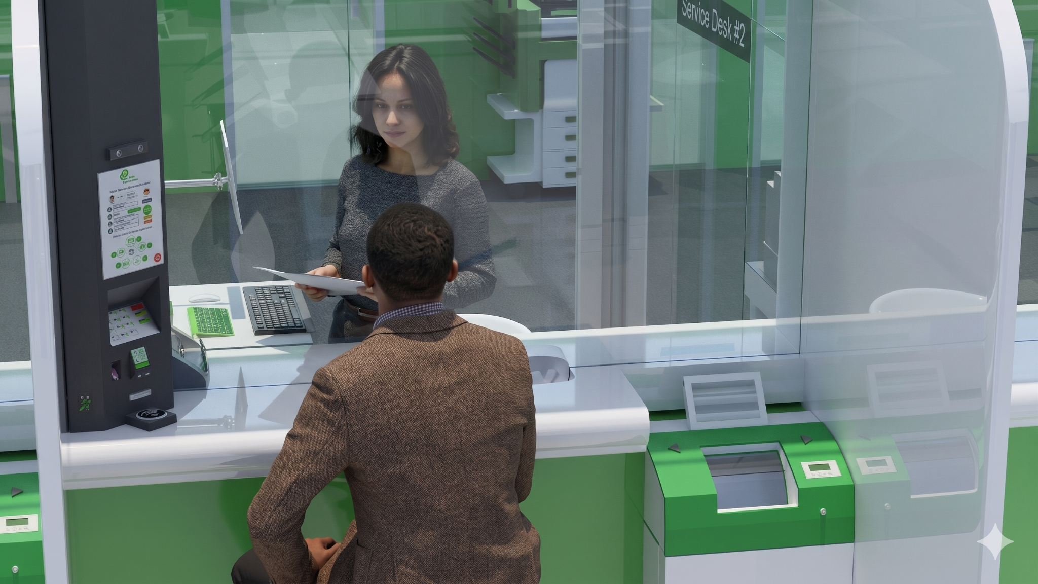 Assisted service point with human escalation path beside digital capability