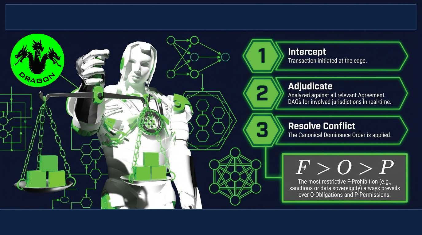 iEngine and DRAGON adjudication concept separating transaction interception, agreement evaluation, and conflict resolution